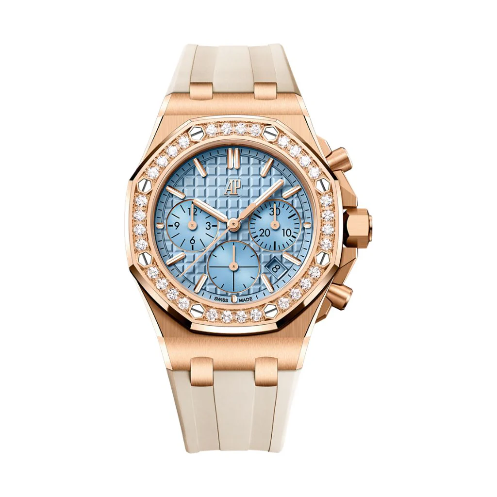 Audemars Piguet Royal Oak Offshore Selfwinding Chronograph 37 mm Light Blue Dial with Diamonds 18-Carat Pink Gold Rubber Strap 26231OR.ZZ.A085CA.01
