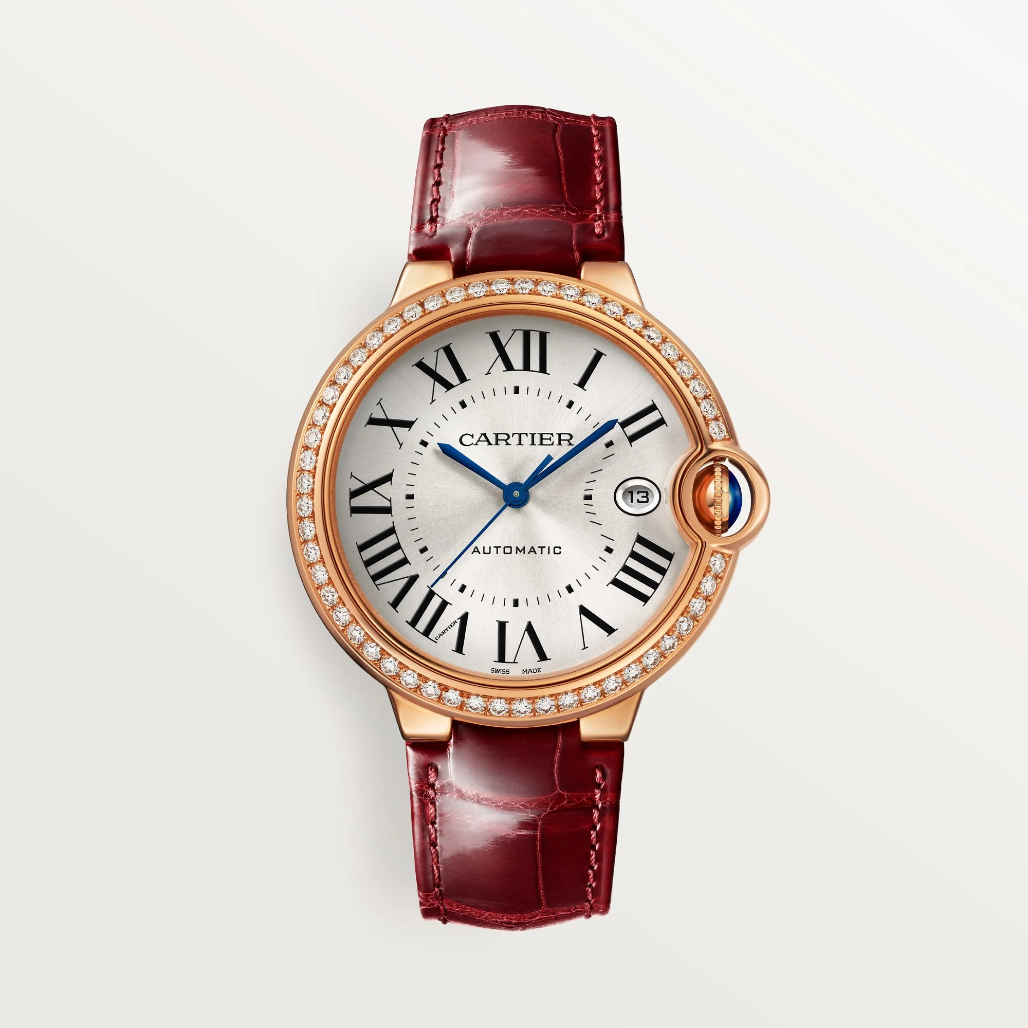 Cartier Ballon Bleu 40 mm 18k Rose Gold Silver Dial Burgundy Strap WJBB0056