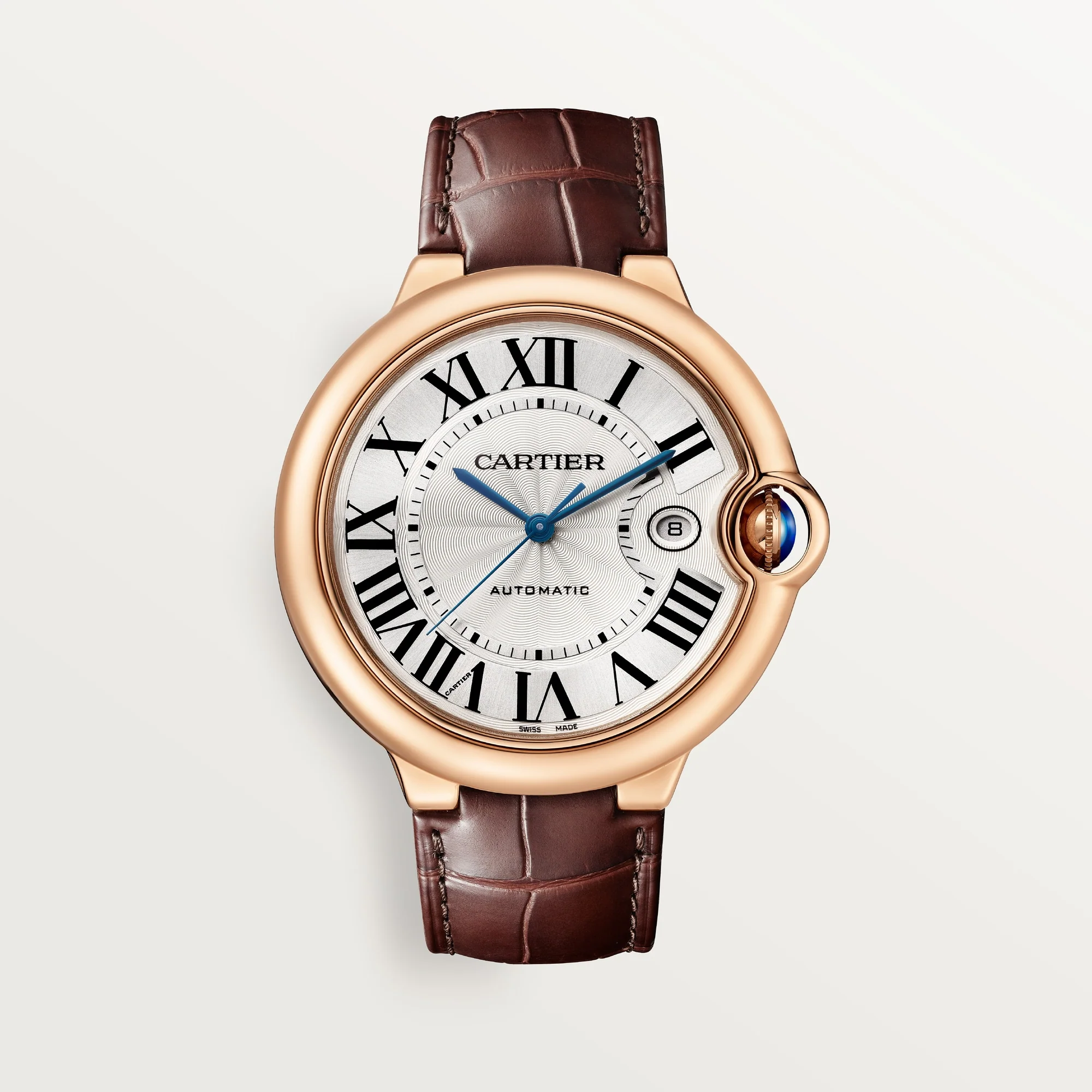 Cartier Ballon Bleu 42 mm Rose Gold Silver Dial Brown Leather Strap WGBB0030