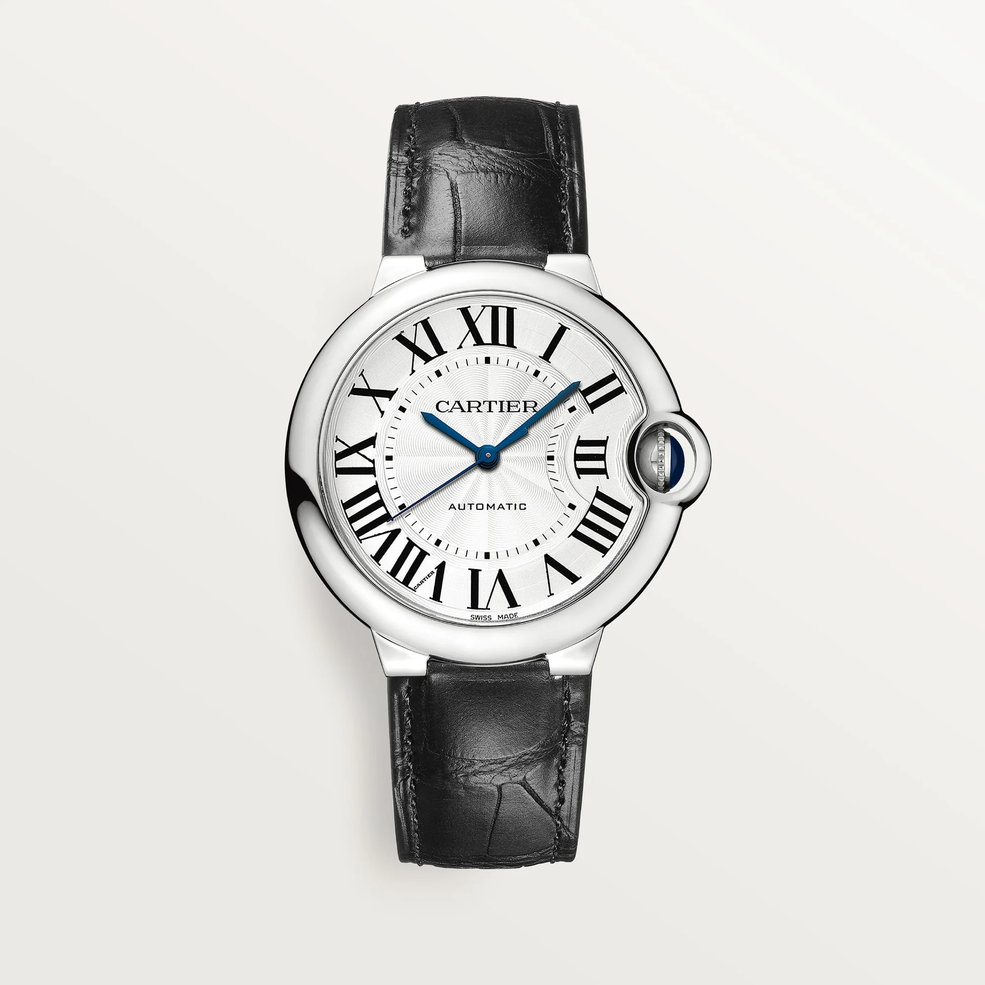 Cartier Ballon Bleu 36 mm Steel Silver Dial Black Leather Strap WSBB0028
