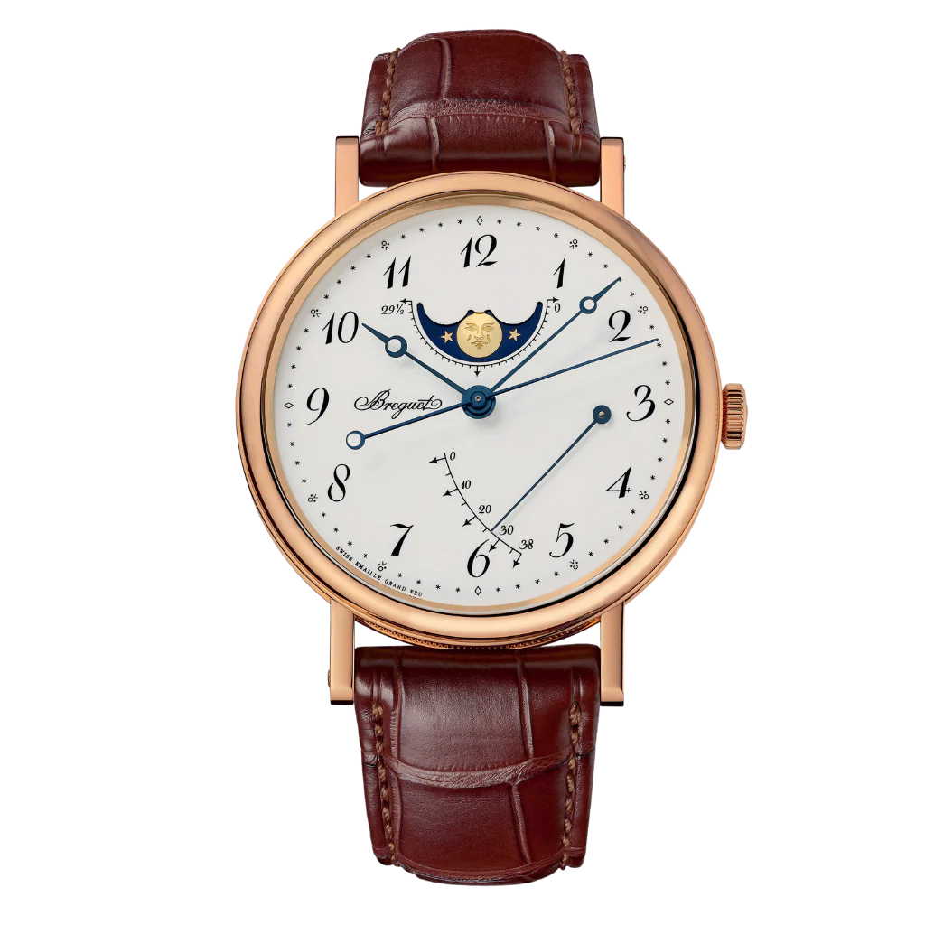 Breguet Classique Phase de Lune 7787 39 mm White Dial 18k Rose Gold Leather Strap 7787BR/29/9V6