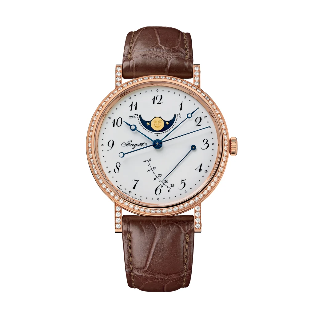 Breguet Classique Phase de Lune 7788 39 mm White Dial with Diamonds 18k Rose Gold Leather Strap 7788BR/29/9V6 DD00