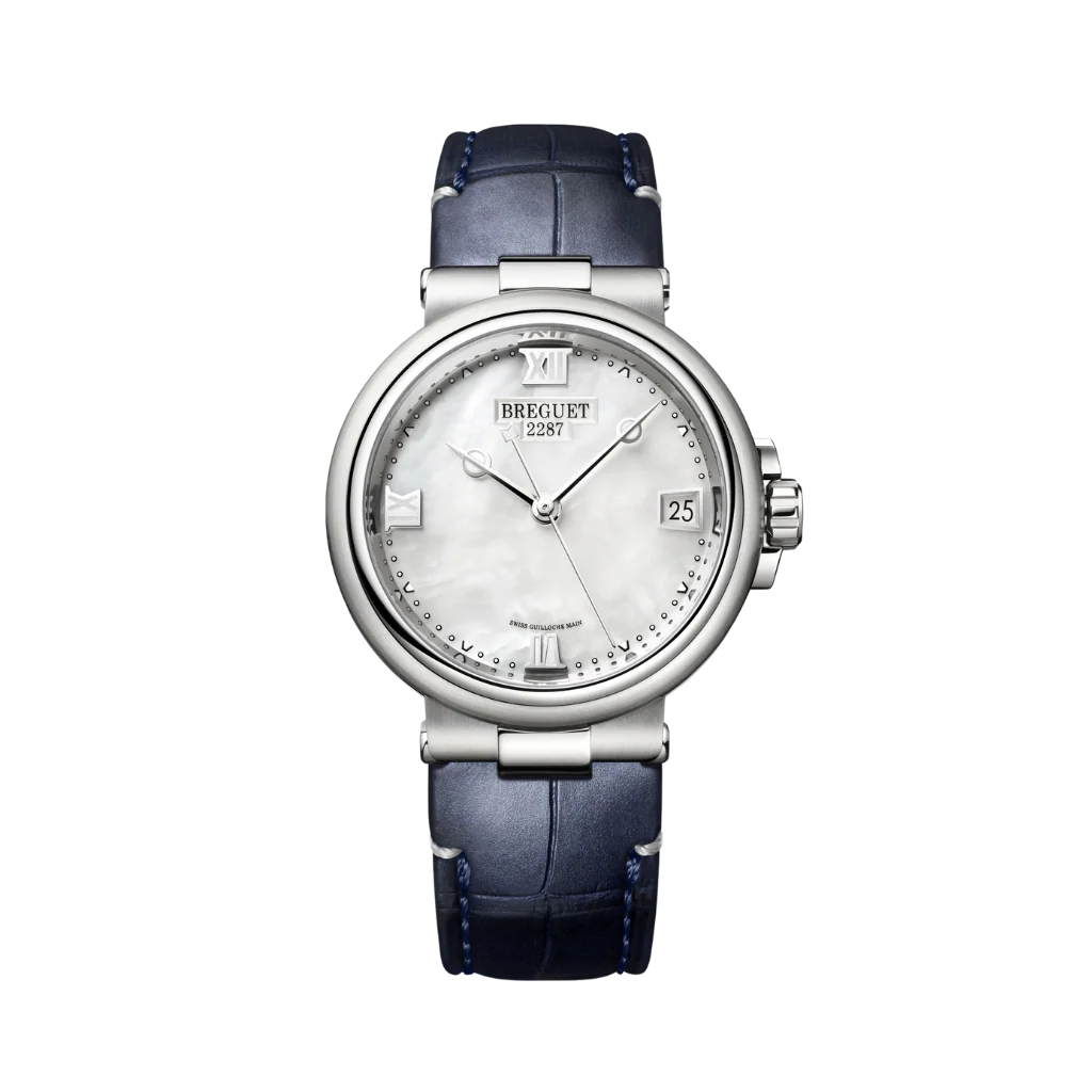 Breguet Marine 33.8 mm White Mother-Of-Pearl Dial Stainless Steel Black Leather Strap 9517ST/5W/984