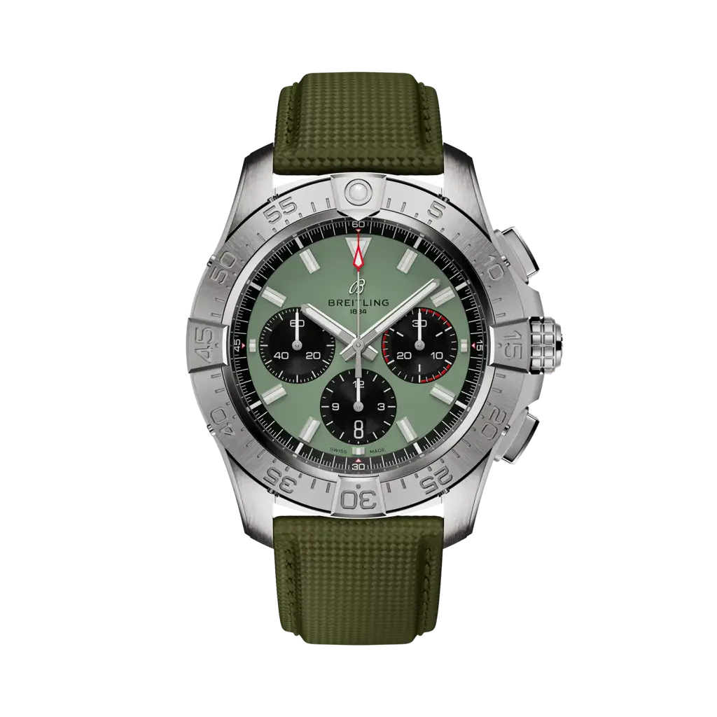 Breitling Avenger B01 Chronograph 44 mm Black And Light Green Dial Stainless Steel   Leather Strap AB0147101L1X1
