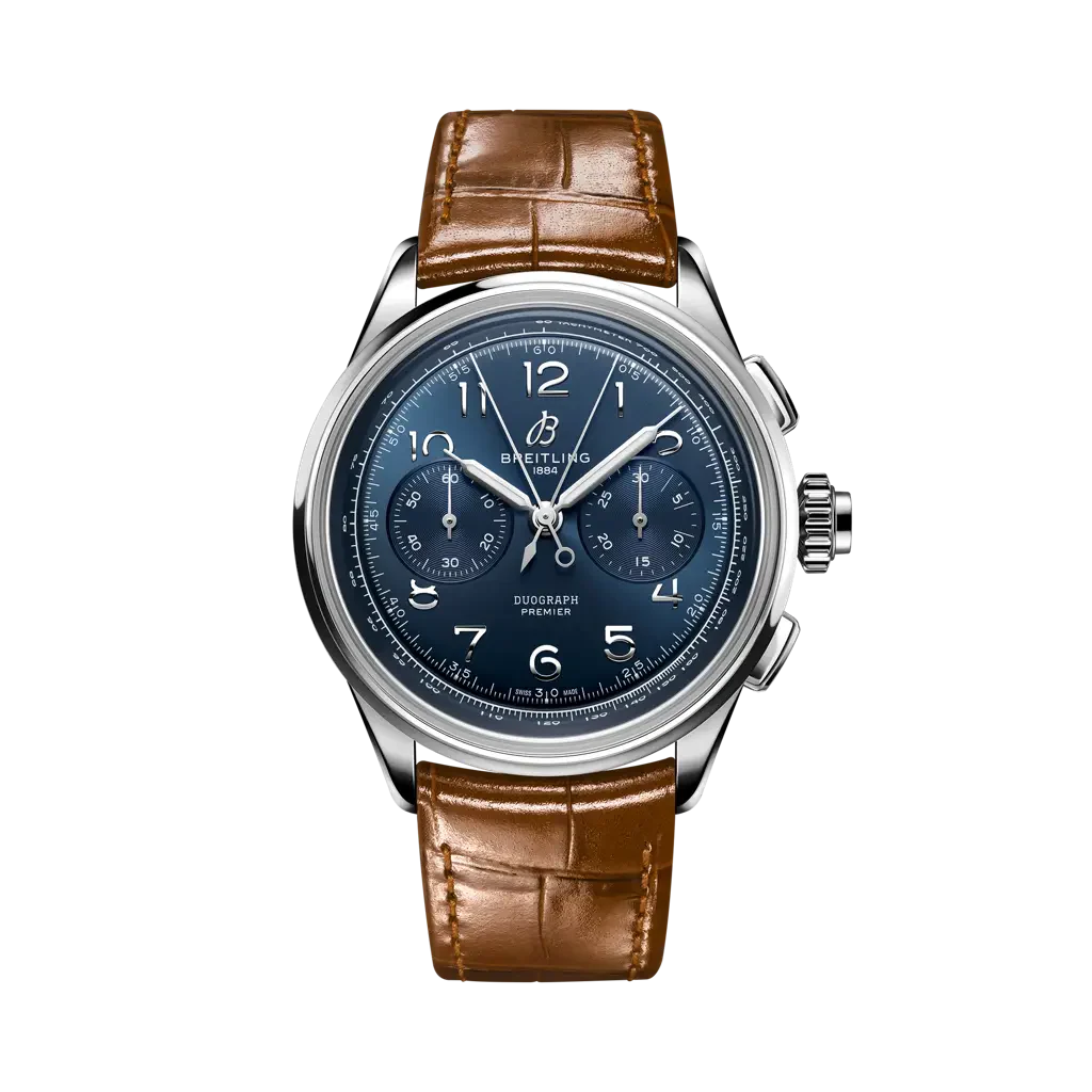 Breitling B15 Duograph 42 mm Blue Dial Stainless Steel Leather Gold Brown Strap AB1510171C1P1