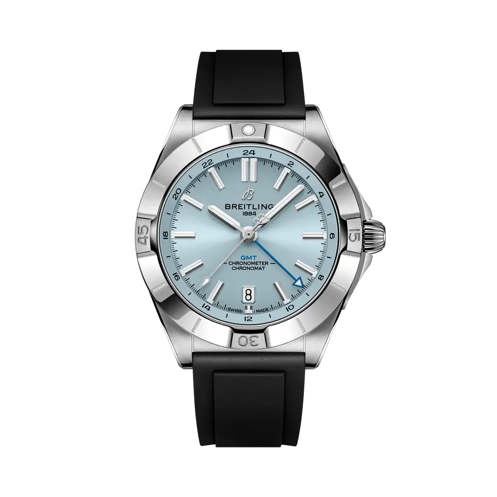 Breitling Chronomat Automatic GMT 40 mm Ice-Blue Dial Stainless Steel & Platinum Black Rubber Strap P32398101C1S1