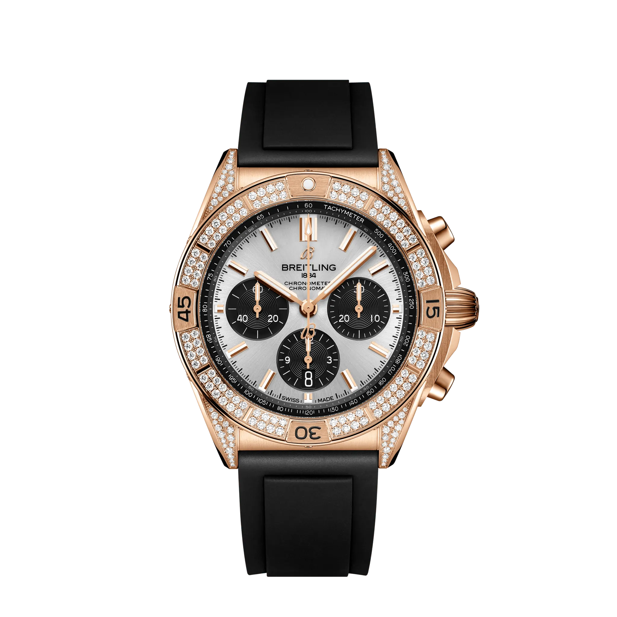 Breitling Chronomat B01 42mm Silver and Black Dial 18K Red Gold (Gem-Set) Black Rubber Strap RB0134721G1S1