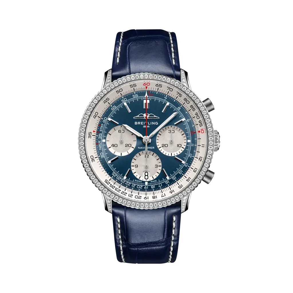 Breitling Navitimer B01 Chronograph 41 mm Silver With Blue Dial Stainless steel (gem-set) Leather Strap AB0139631C1P1