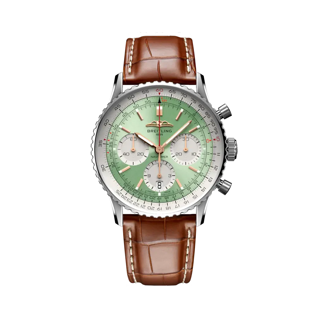 Breitling Navitimer B01 Chronograph 41 mm White With Olive Green Dial Stainless Steel Leather Strap AB0139211L1P1