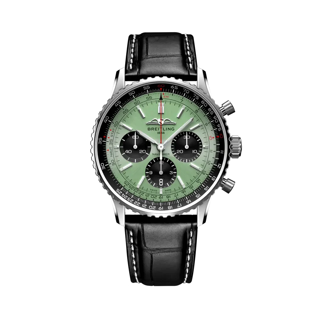 Breitling Navitimer B01 Chronograph 43 mm Black And Olive Green Dial Stainless Steel Leather Strap AB0138241L1P1