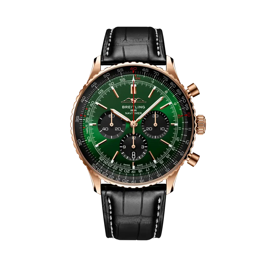 Breitling Navitimer B01 Chronograph 46 mm Black And Green Dial 18K Red Gold Leather Strap RB0137241L1P1