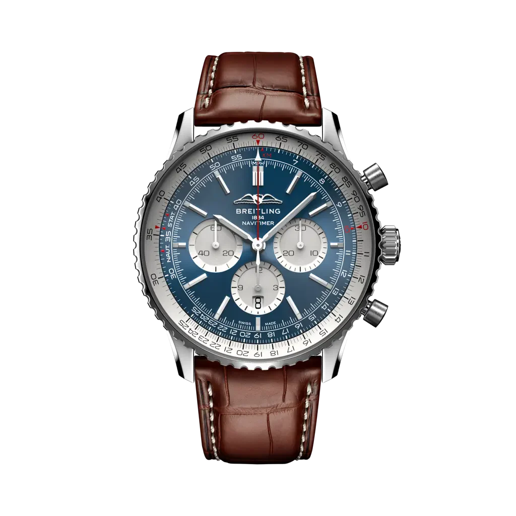 Breitling Navitimer B01 Chronograph 46 mm White And Blue Dial Stainless Steel Leather Strap AB0137211C1P1
