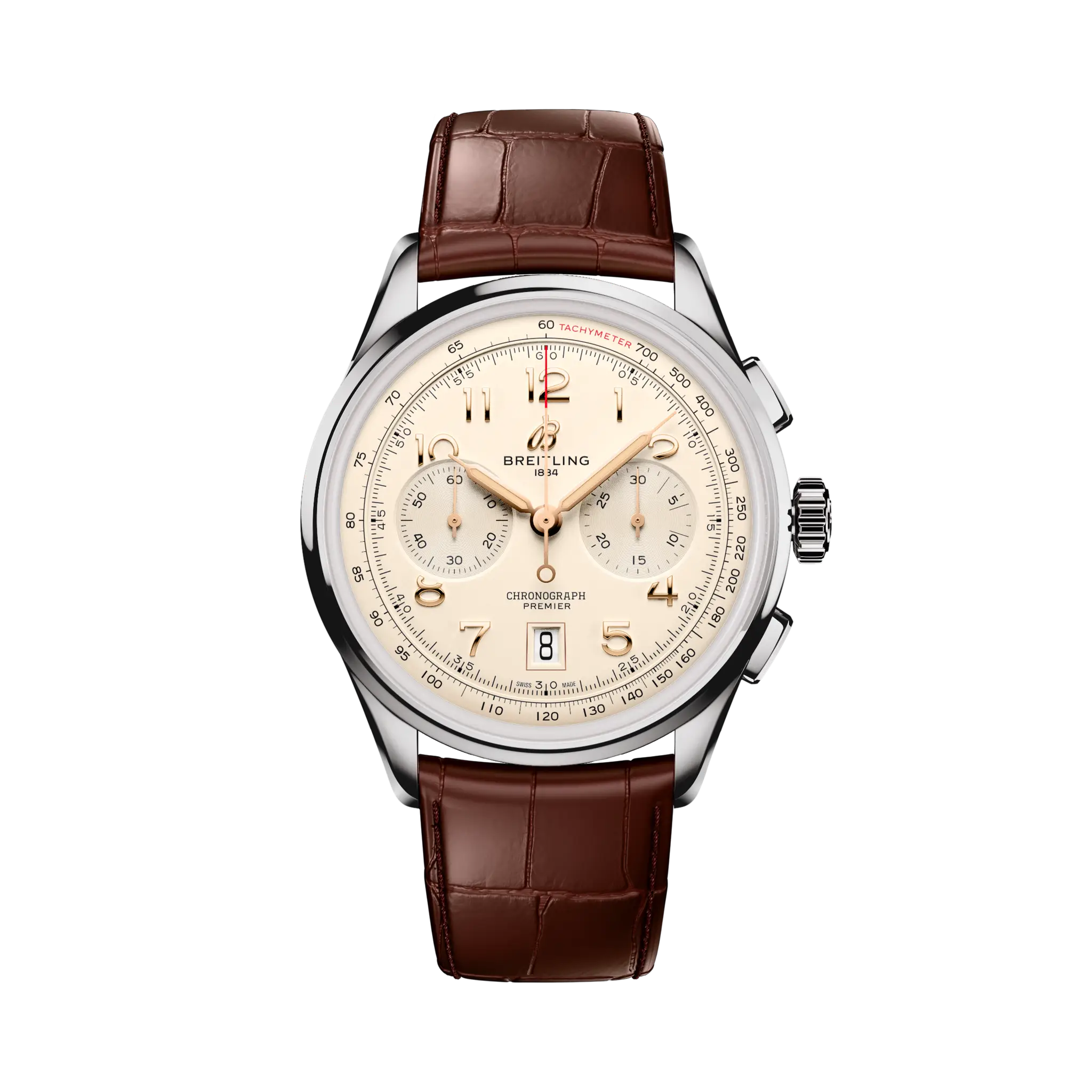 Breitling Premier B01 Chronograph 42 mm Champagne Dial Stainless Steel Leather Brown Strap AB0145211G1P2