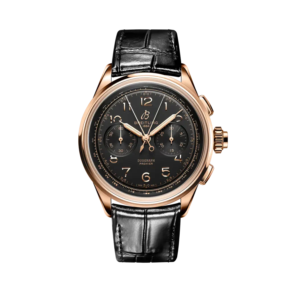 Breitling Premier B15 Duograph 42 mm Bright Black Dial 18K Red Gold Leather Black Strap RB1510251B1P1