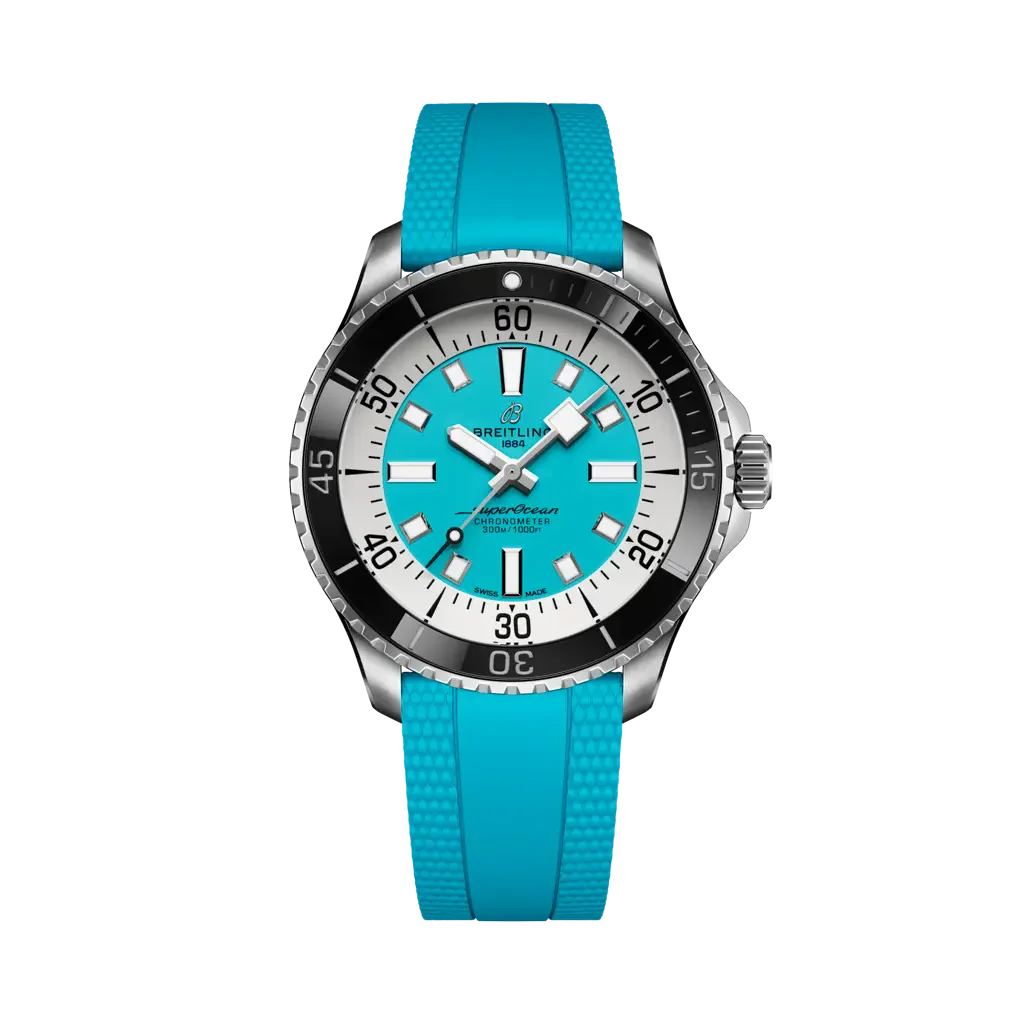 Breitling Superocean Automatic 44 mm White And Sky Blue Dial Stainless Steel Rubber Turquoise Strap A17376211L2S2