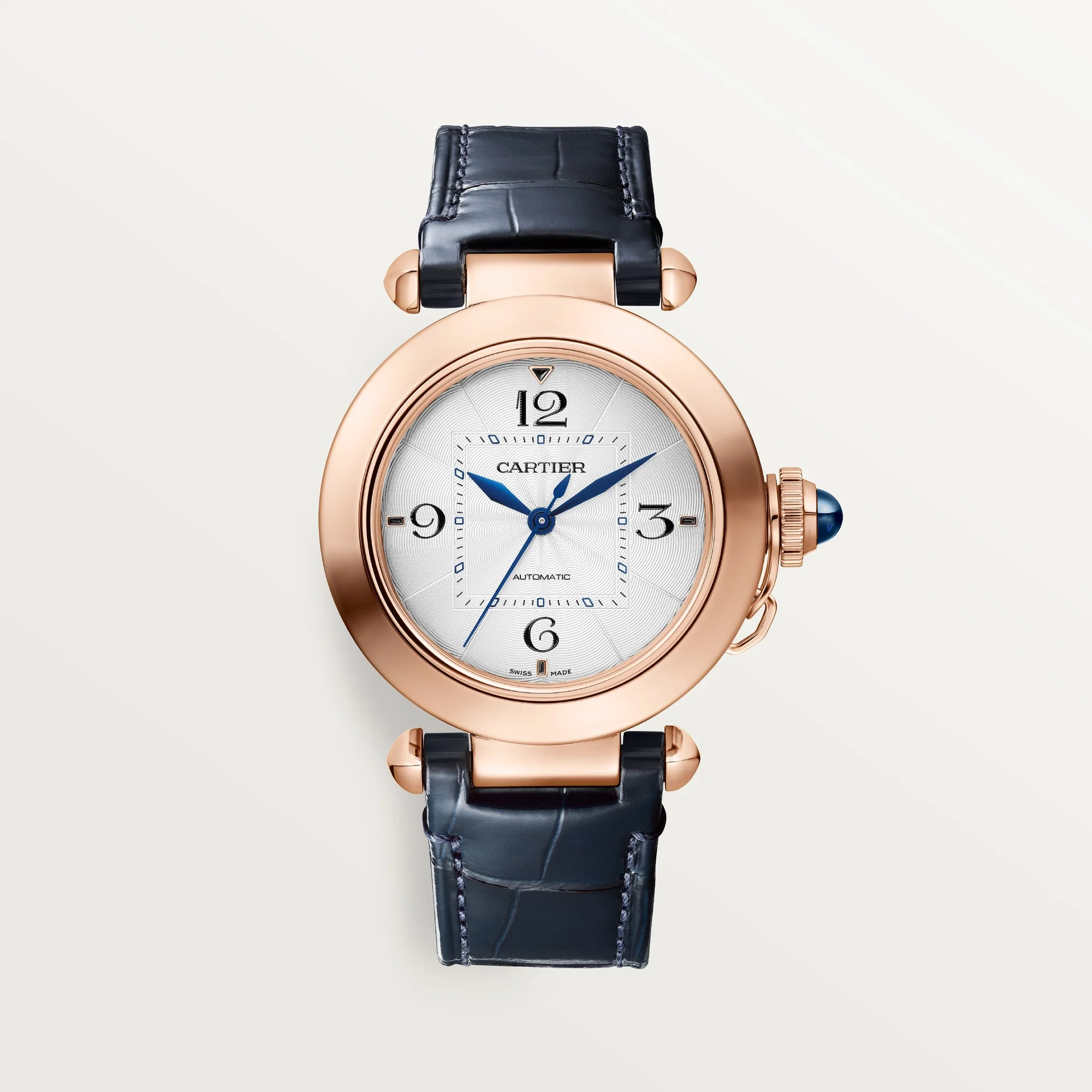 Cartier Pasha 18k Rose Gold Silver Dial Navy Blue And Gray Skin Straps WGPA0014
