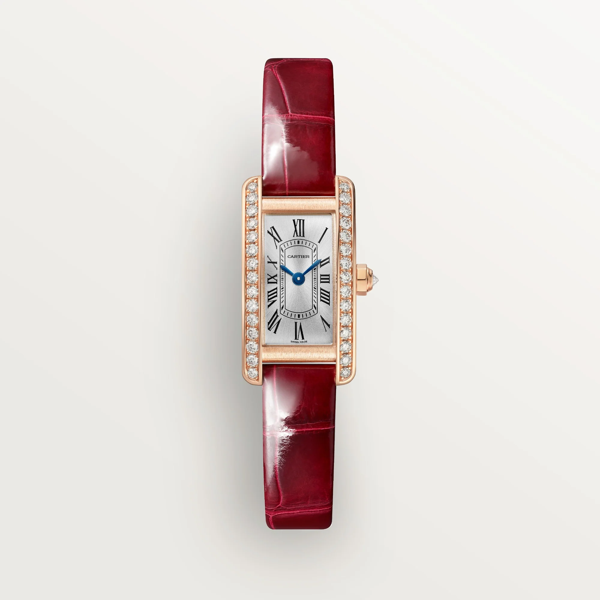 Cartier Tank Américaine Mini 18k Rose Gold Silvered Sunray Dial Shiny Red Skin Strap WJTA0041