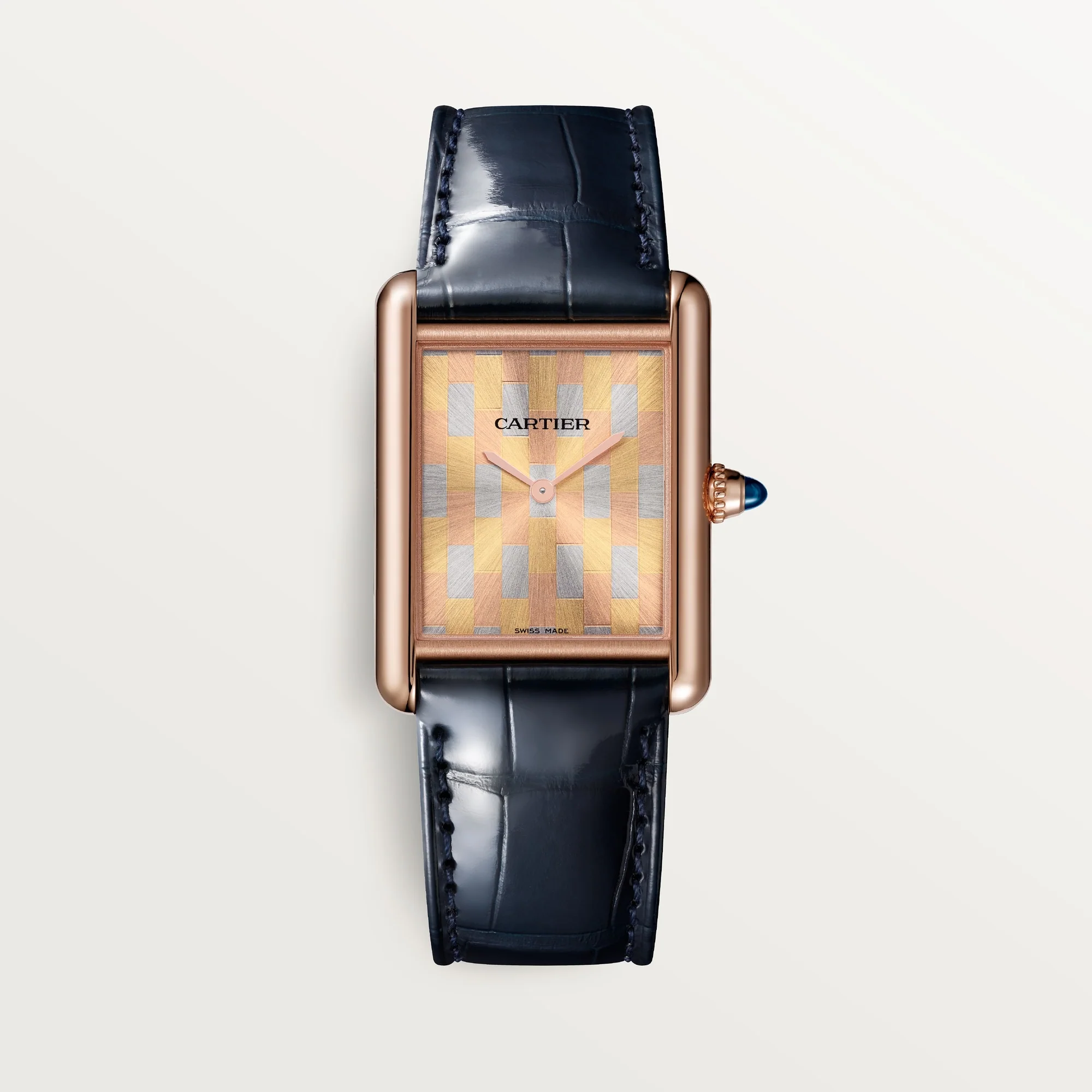 Cartier Tank Louis Large 18k Rose Gold Golden Navy Blue Skin Strap WGTA0176