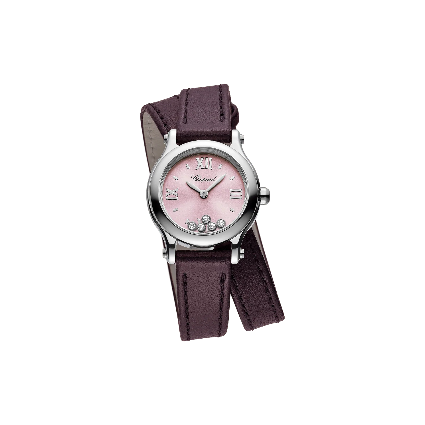 Chopard Happy Sport 25 mm Pink Dial with Diamonds Stainless Steel Leather Strap 278620-3004