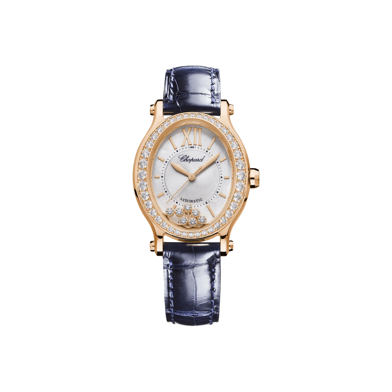 Chopard Happy Sport 29 x 31 mm Silver Dial with Diamonds 18k Rose Gold Leather Strap 275362-5002