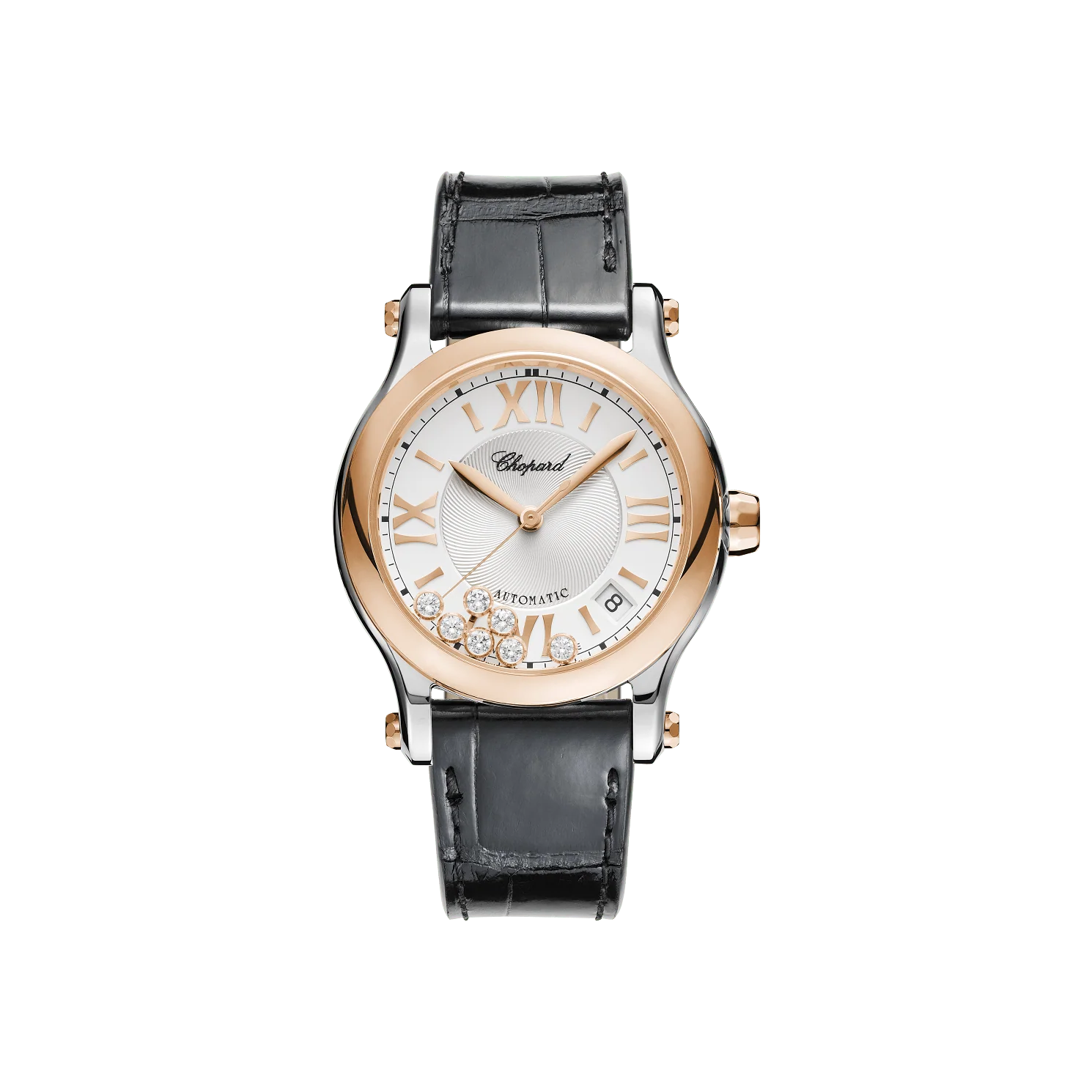 Chopard Happy Sport 36 mm Silver Dial with Diamonds 18K Rose Gold And Stainless Steel Leather Strap 278559-6001