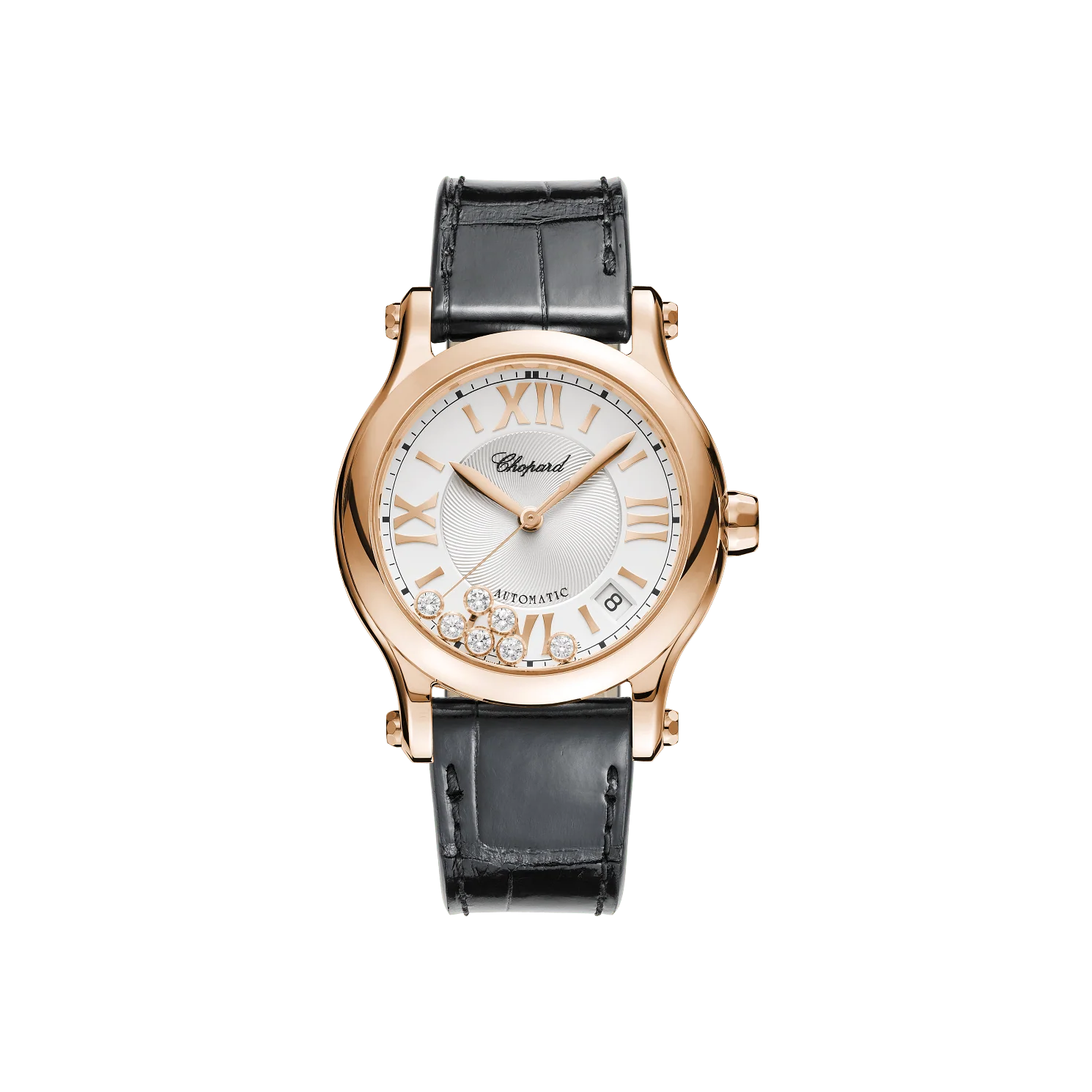 Chopard Happy Sport 36 mm Silver Dial with Diamonds 18k Rose Gold Leather Strap 274808-5001