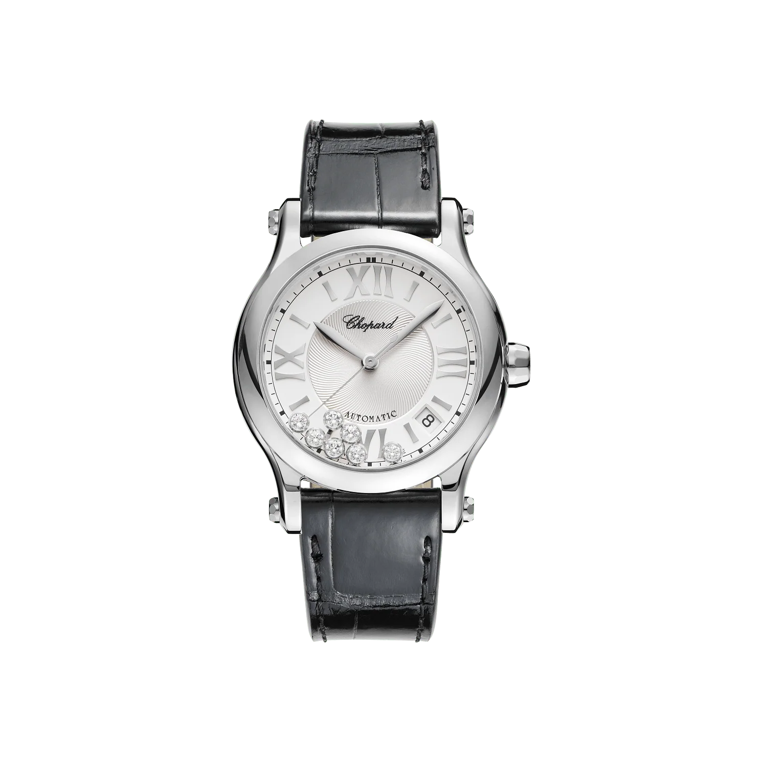 Chopard Happy Sport 36 mm Silver Dial with Diamonds Stainless Steel Leather Strap 278559-3001