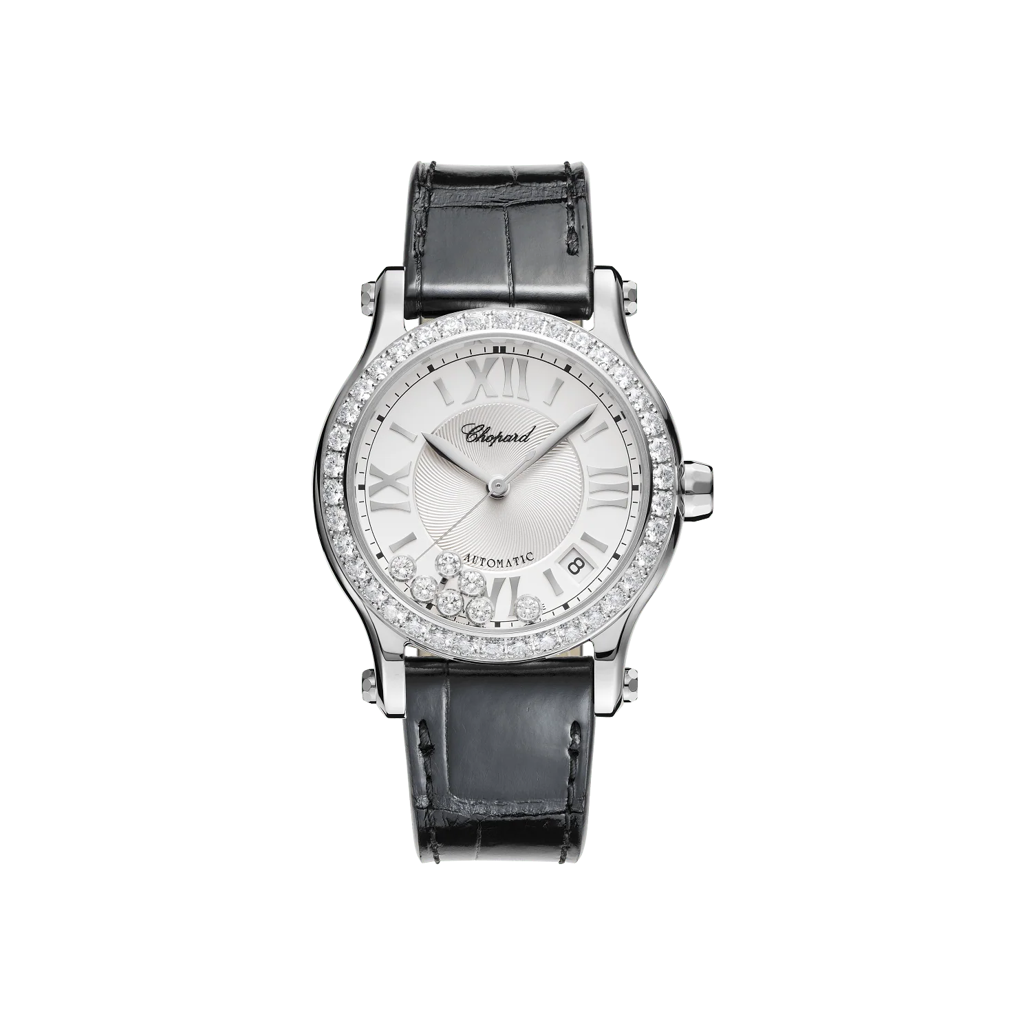 Chopard Happy Sport 36 mm Silver Dial with Diamonds Stainless Steel Leather Strap 278559-3003