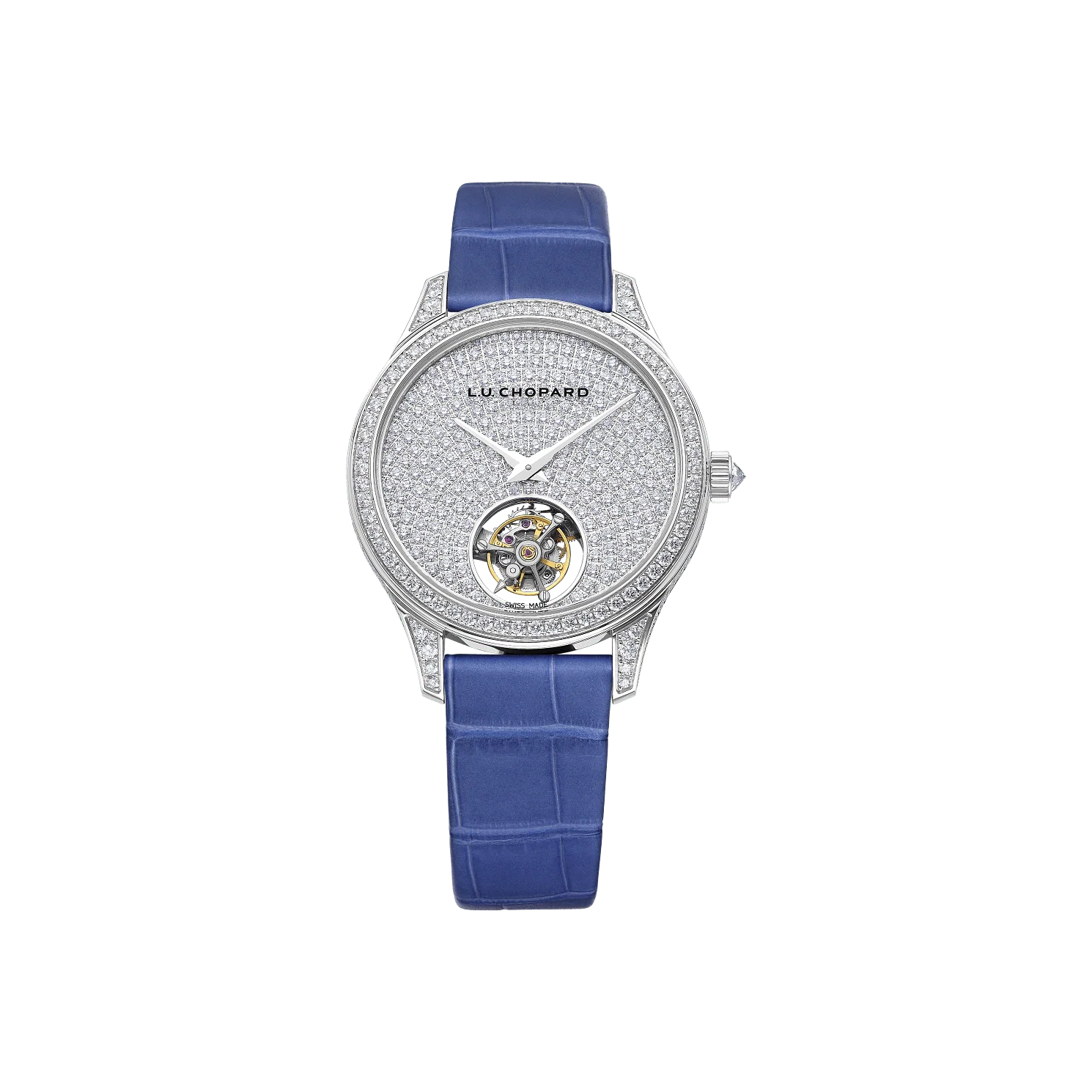 Chopard L.U.C Flying T Twin Ladies 35 mm Diamond Paved Dial Platinum Leather Strap 131981-9001