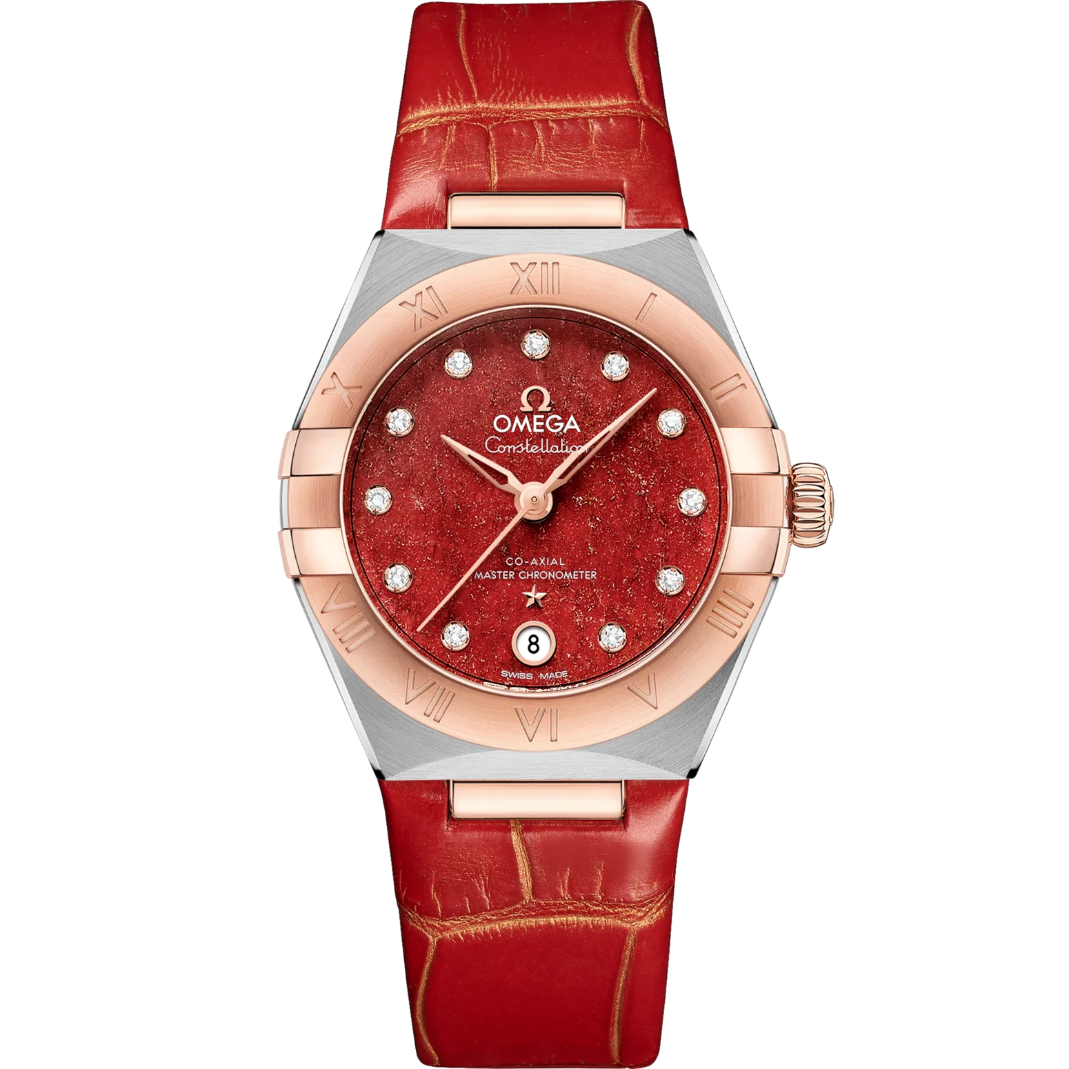 Omega Constellation 29 mm Red Dial with Diamonds Stainless Steel and Sedna™ 18k Rose Gold Strap 131.23.29.20.99.002