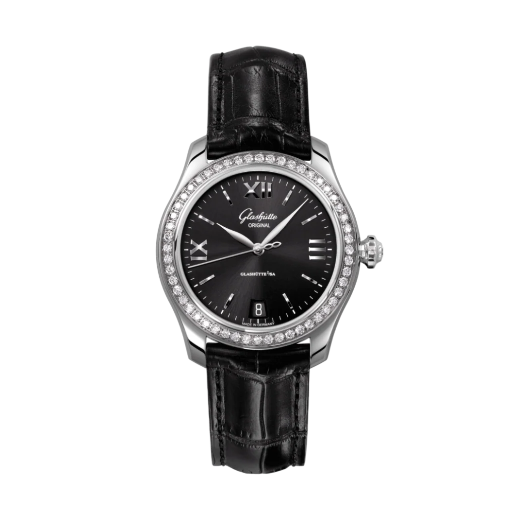 Glashutte Original Lady Serenade 36 mm Galvanized Black Dial Stainless Steel with Diamonds Louisiana Leather Strap 1-39-22-20-22-04