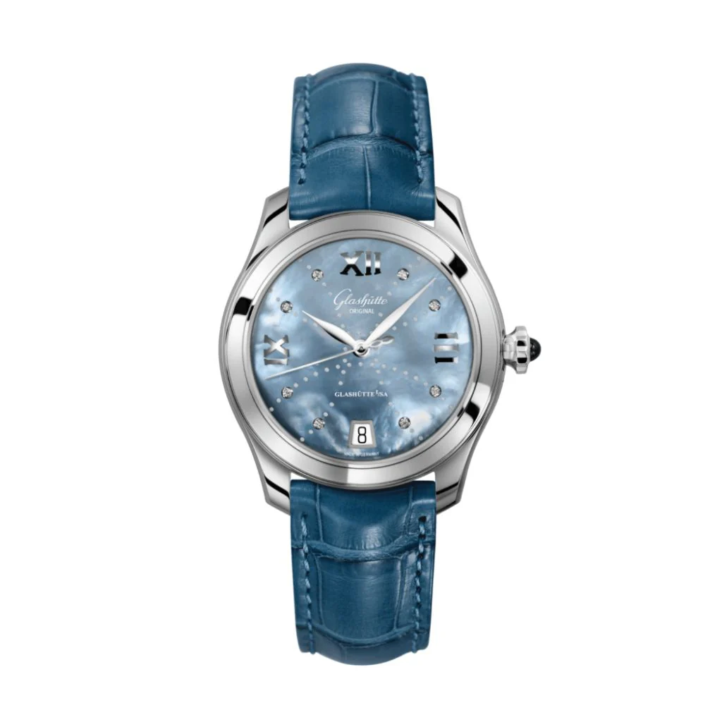 Glashutte Original Lady Serenade 36 mm Mother-Of-Pearl Blue Dial Stainless Steel Louisiana Leather Strap 1-39-22-11-02-04