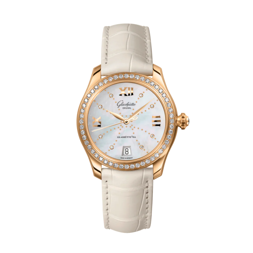 Glashutte Original Lady Serenade 36 mm Mother-Of-Pearl White Dial 18k Rose Gold Louisiana Leather Strap 1-39-22-12-11-04