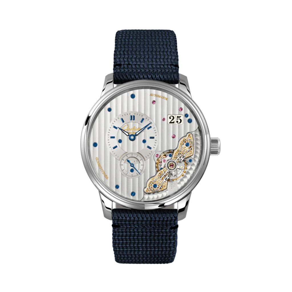 Glashutte Original Pano Matic Inverse 42 mm Silver Dial Stainless Steel Synthetic, Blue Strap 1-91-02-02-02-64
