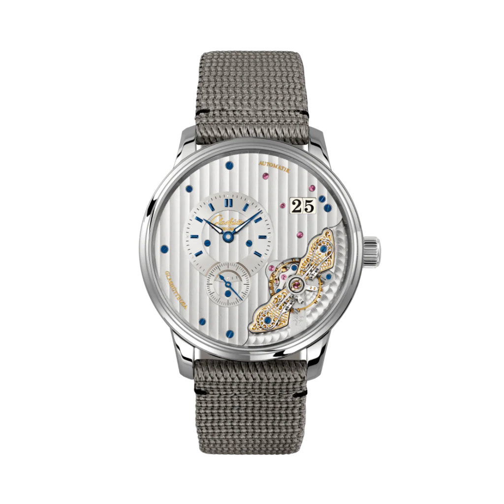Glashutte Original Pano Matic Inverse 42 mm Silver Dial Stainless Steel Synthetic,Grey Strap 1-91-02-02-02-66