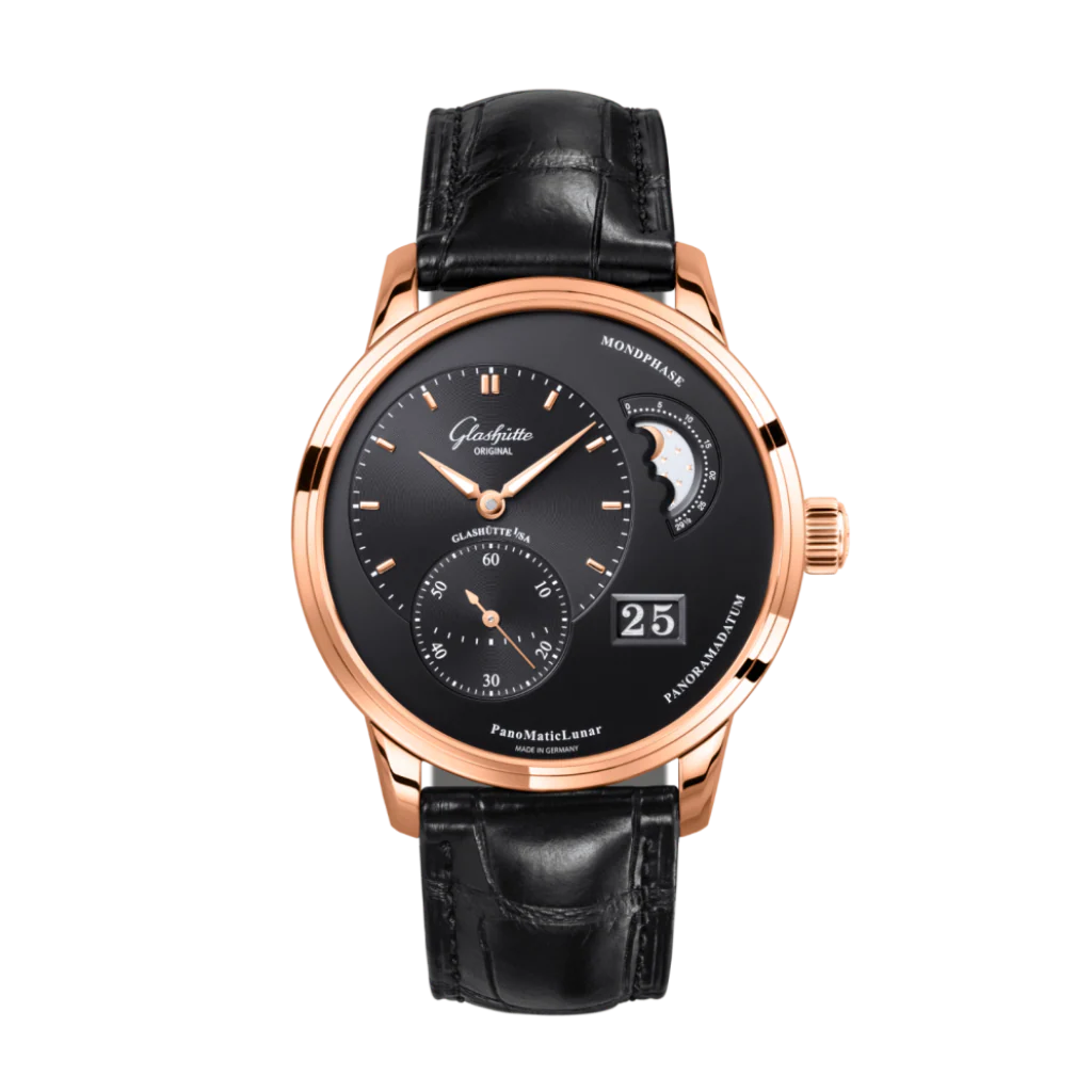 Glashutte Original Pano Matic Lunar 40 mm Black Dial Red Gold Louisiana Leather Strap Black 1-90-02-49-35-61