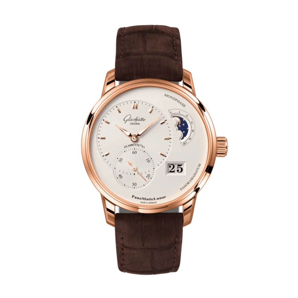 Glashutte Original Pano Matic Lunar 40 mm Silver  Dial Red Gold Louisiana   Nubuk Leather Strap, Brown 1-90-02-45-35-62