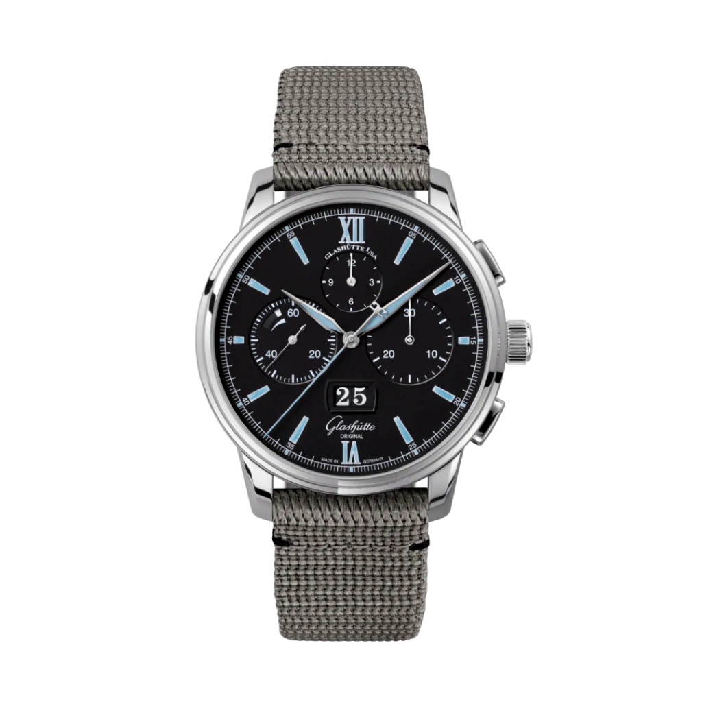 Glashutte Original Senator Chronograph Panorama Date 42 mm Black Dial Stainless Steel Synthetic Grey Strap 1-37-01-03-02-36