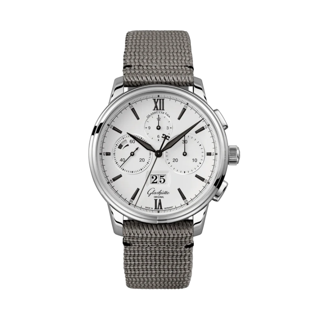 Glashutte Original Senator Chronograph Panorama Date 42 mm White Dial Stainless Steel Synthetic Strap Grey 1-37-01-05-02-36