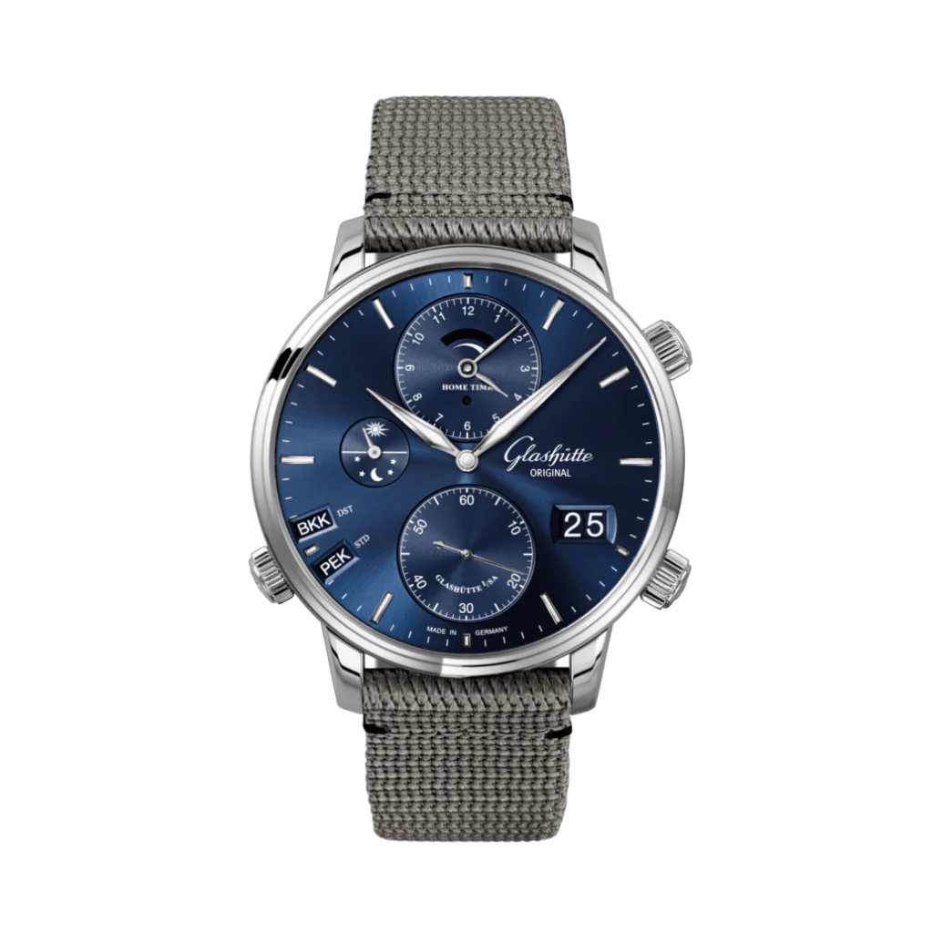 Glashutte Original Senator Cosmopolite 44 mm Blue Dial Stainless Steel Synthetic, Grey Strap 1-89-02-05-02-66