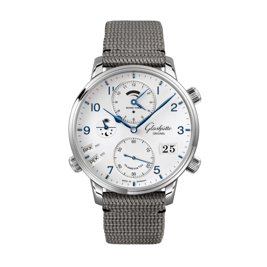 Glashutte Original Senator Cosmopolite 44 mm White Dial Stainless Steel Synthetic, Grey Strap 1-89-02-03-02-66