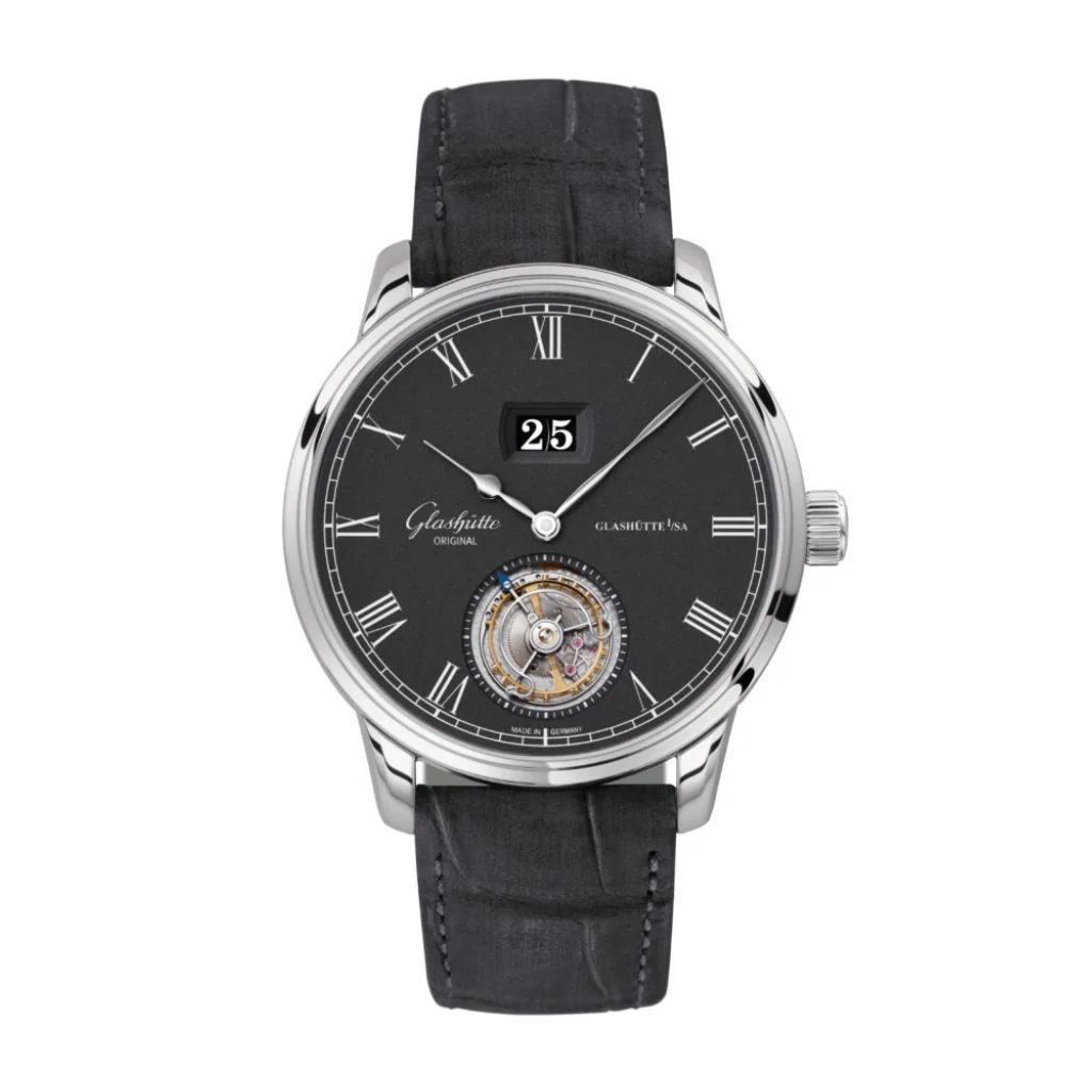 Glashutte Original Senator Tourbillon 42 mm Black Dial White Gold Louisiana Nubuk Leather Strap, Grey 1-94-03-04-04-04