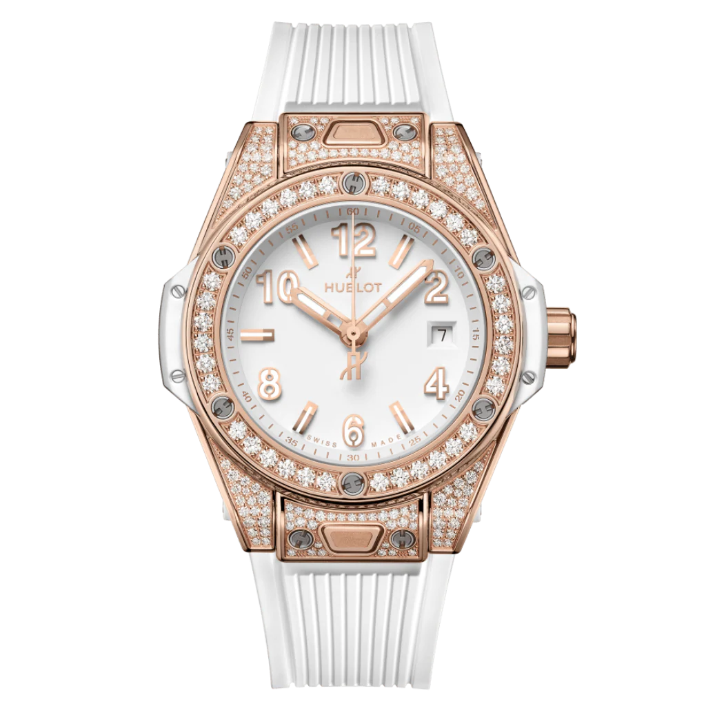 Hublot Big Bang One Click King Gold White Pavé 33 mm White Dial with Diamonds Polished 18K King Gold Rubber Strap 485.OE.2080.RW.1604
