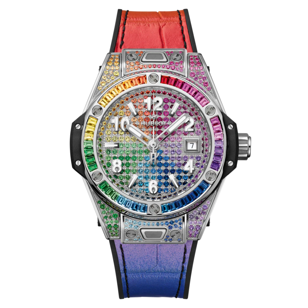 Hublot Big Bang One Click Steel Rainbow 33 mm Diamond Paved Dial Polished Stainless Steel Leather Strap 485.SX.9900.LR.0999