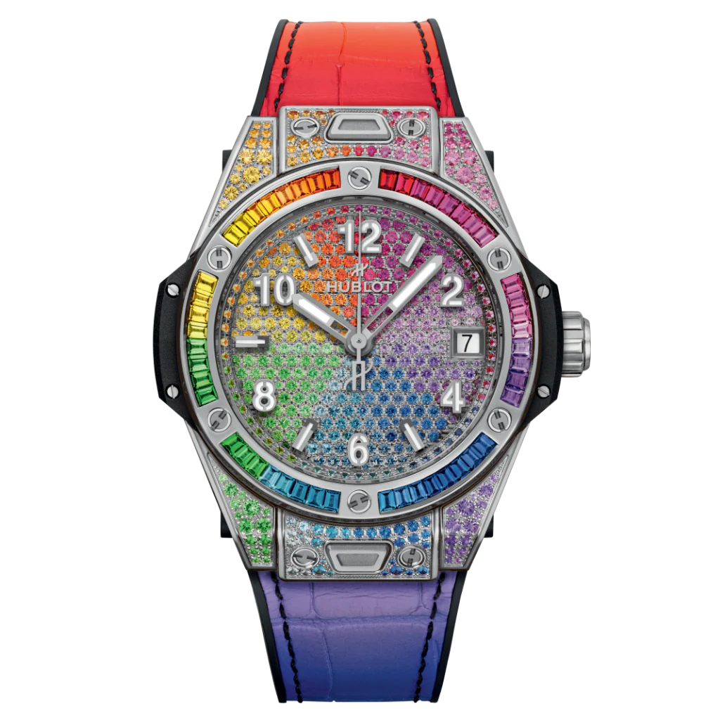 Hublot Big Bang One Click Steel Rainbow 39 mm Diamond Paved Dial Polished Stainless Steel   Leather Strap 465.SX.9900.LR.0999