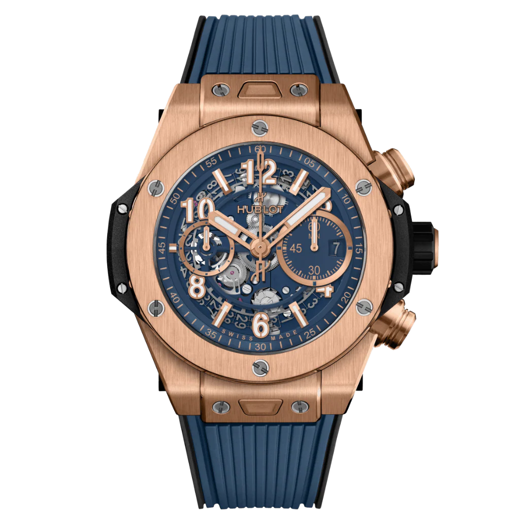 HUBLOT Big Bang Unico King Gold Blue 44 mm Transparent Dial Polished 18K King Gold Rubber Strap 421.OX.5180.RX