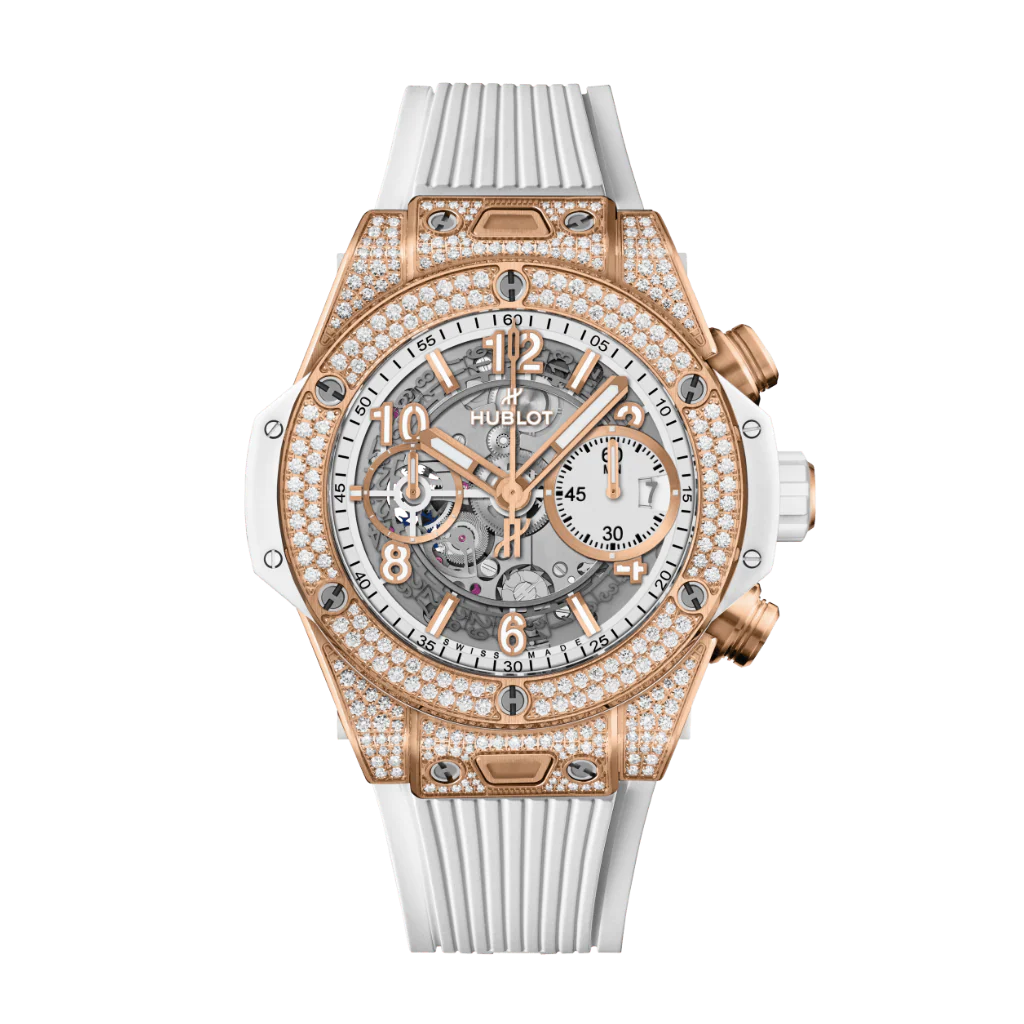 HUBLOT Big Bang Unico King Gold White Pavé 42 mm Transparent Dial with Diamonds Polished 18K King Gold Rubber Strap 441.OE.2011.RW.1704
