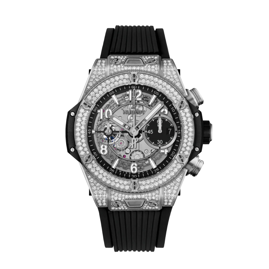 HUBLOT Big Bang Unico Titanium Pavé 42 mm Transparent Dial with Diamonds Polished Titanium Rubber Strap 441.NX.1171.RX.1704