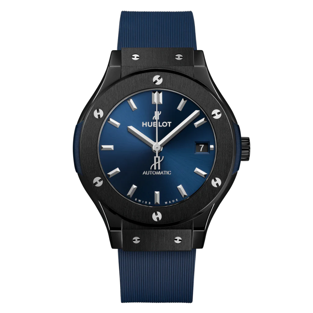 Hublot Classic Fusion Ceramic Blue 38 mm Blue Dial Polished Black Ceramic Rubber Strap 565.CM.7170.RX