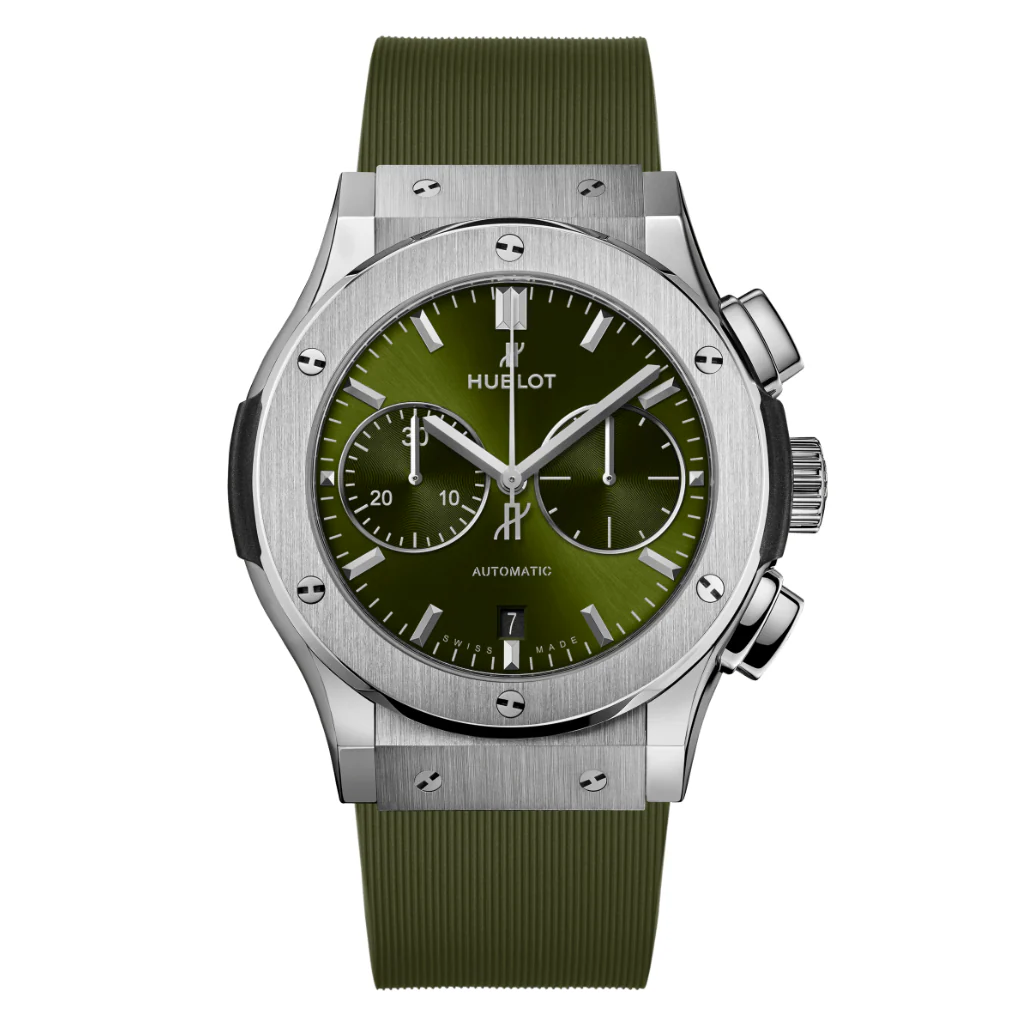 Hublot Classic Fusion Chronograph Titanium Green 45 mm Green Dial Polished Titanium Rubber Strap 521.NX.8970.RX